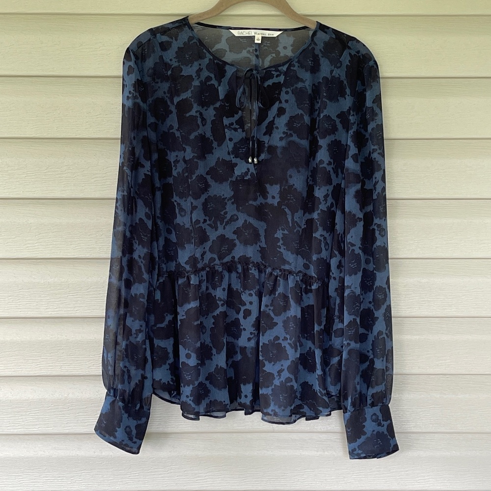 RACHEL Rachel Roy Black and Blue Floral Sheer Peplum Top Sz L